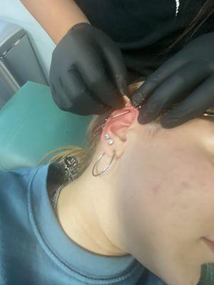 Industrial piercing on the right ear bled bad