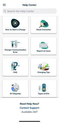 Help Center in the app is useful for first time users or in the event you need additional explanation. EVgo Support phone is (877) 494-3833