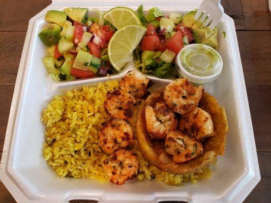 Shrimp plate with side of rice side salad