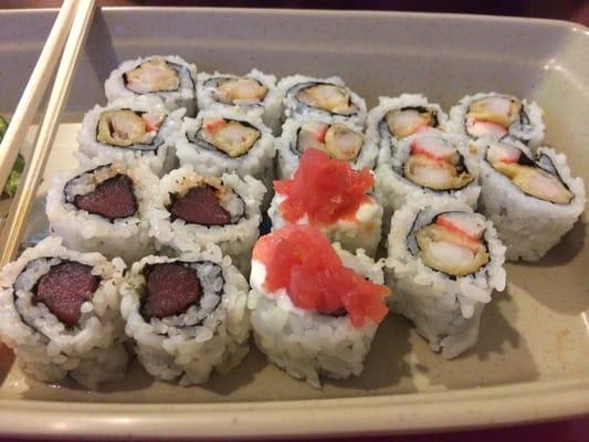 Mickey, sunrise and spicy shrimp tempura rolls.