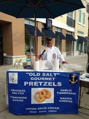 Fresh baked artisan soft dough pretzels; ice teas, water