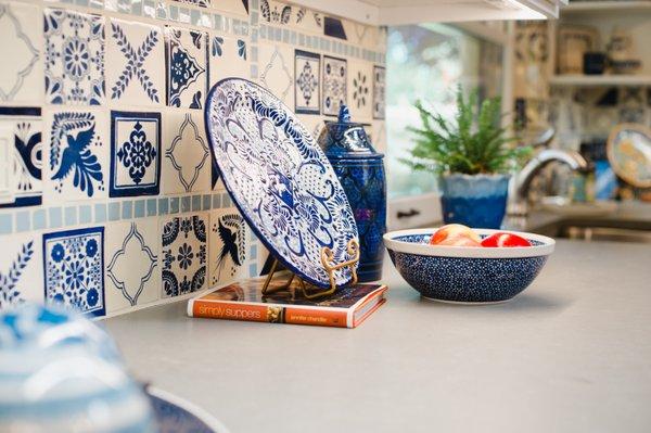 2019 Kitchen remodel back-splash all the way to ceiling - traditional blue & white Talavera w/insets of hand-cut aqua glazed Spanish tile!