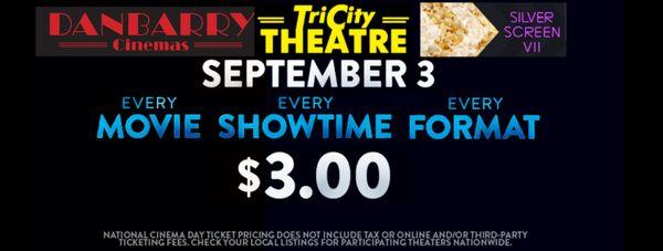 Join us to celebrate #NationalCinemaDay with $3 tickets and a special sneak peek of upcoming titles only on Sept 3! #SSVII