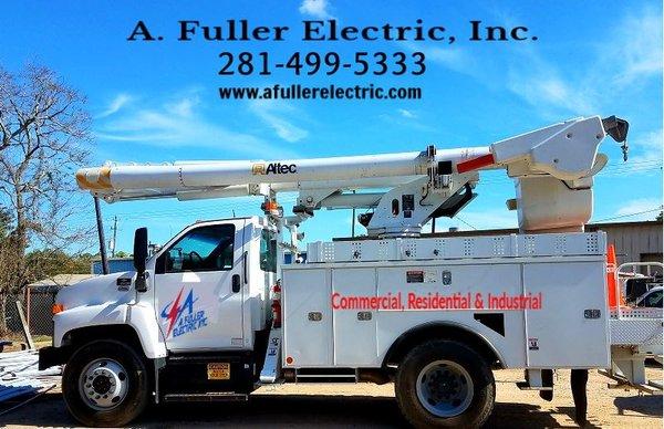 A. Fuller Electric is well equipped for any job. Here is our Bucket Truck for high access installation or repairs!