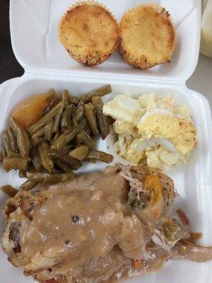 Smothered pork chop  with string beans & Potato salad