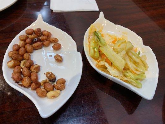 Appetizers - honey roasted nuts and pickled veggies.