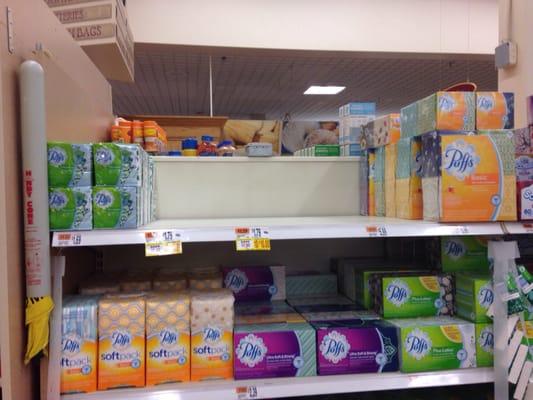 This big empty space on the shelf is where the Puffs Plus should be.