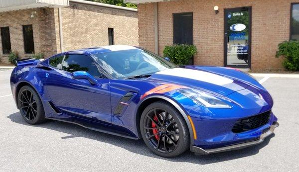 Corvette Grand Sport outside our original Montgomery Shop with Paint Protection Film and Window Tinting