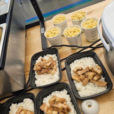 Mac and cheese and pork belly rice bowl