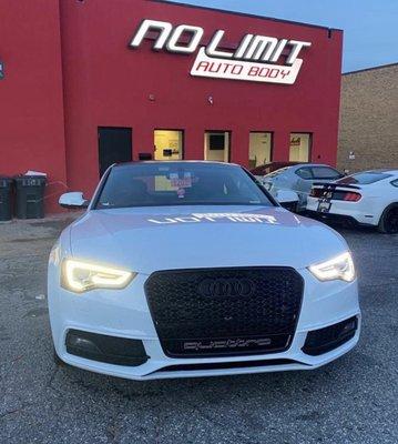 Audi S5 in for front end repairs and new driver light