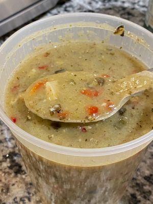 the "green" chili chicken soup is tainted with red bell peppers, ruining the flavor. Plus it's basically too spicy to eat.