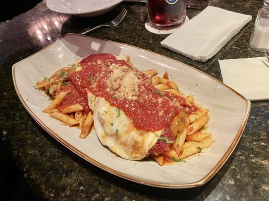 Eggplant parmigiana on penne