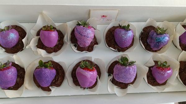 Molten Lava Brownies topped with Purple Chocolate Dipped Strawberries