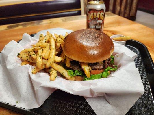 Bacon cheeseburger and fries.