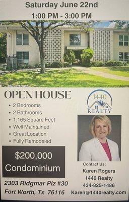 Open House Today 6/33 1-3. Great remodeled Condo in Fort Worth Ridglea area.