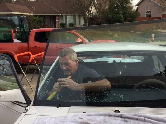 Scott removing the old windshield! It's amazing to watch the process of how it's done!!