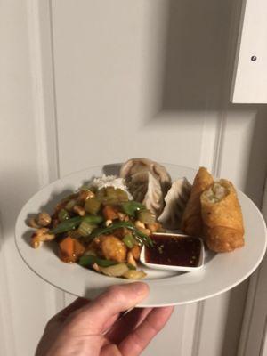 Shrimp w cashew, shrimp egg roll, steamed dumplings