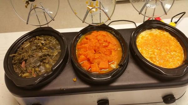 Collard greens, sweet potatoes, and mac/cheese!