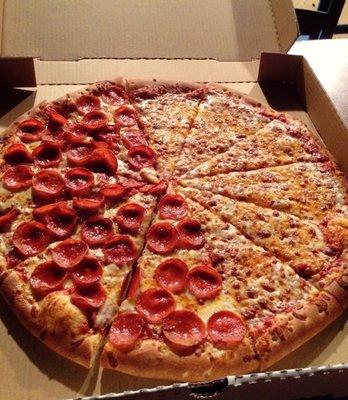 Half pepperoni and half cheese pizza! This picture makes the pizza look small but in reality it's huge and pretty good.