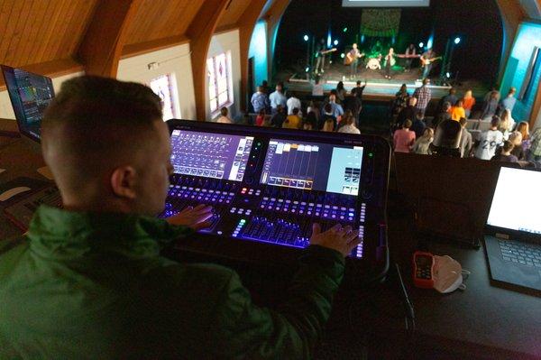 Tech booth overlooking the sanctuary