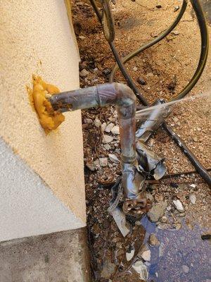 Damaged water line riser at the home.