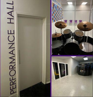 The performance hall is our largest musical practice hall dedicated to studying bolder instruments and group rehearsals.