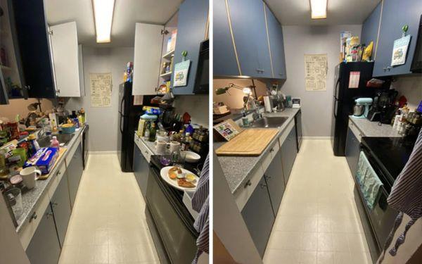 Kitchen before and after with organizing