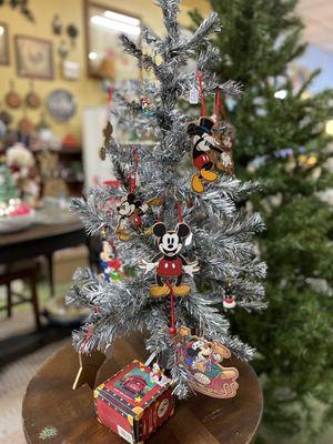 Silver tree with Disney's Micky Mouse ornaments