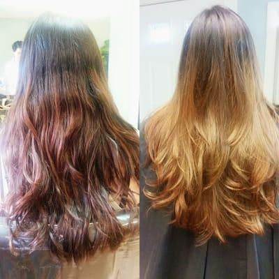 Before and after of the amazing cut and color done by Emilie Sherman