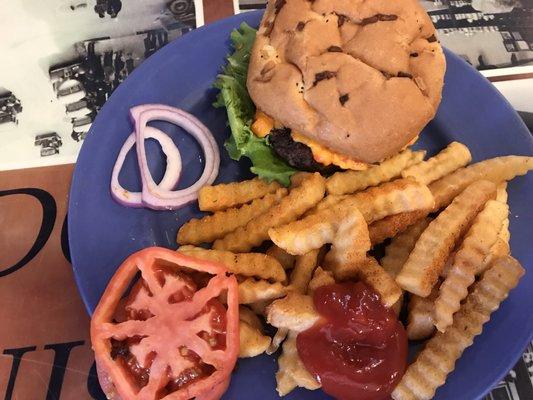 Pimento cheese burger and fries