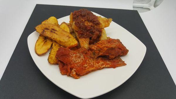 Fried Yams, Plantains, and Fish.