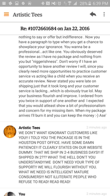 Customer service msgs in regards to missing package