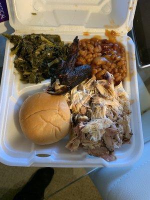 Pulled Chicken, Baked Beans & Collard Greens.