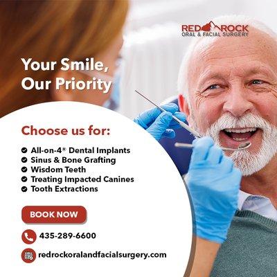 Our incredible staff specialize in all-on-4® dental implants, sinus & bone grafting, wisdom teeth, treating impacted canines, and more.