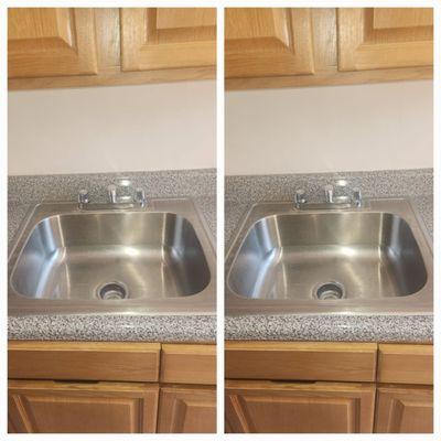 Before and After of kitchen sink cleaned and sanitized