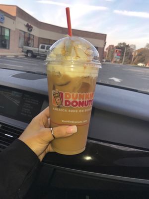 Medium iced coffee caramel swirl black with whip cream!