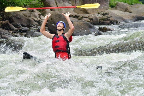 Fancy-styling whitewater rafting Cucumber rapid on a duckie kayak!