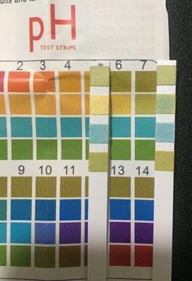 Purchased alkaline water "test strip" on the left and tap water on the right.