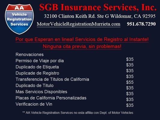 Por que Esperan en linea! Servicios de Registro al Instante! Ningua cita previa, sin problemas!
