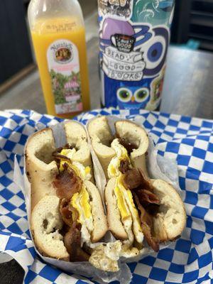 Egg & Bacon on a Bagel with locally produced orange juice