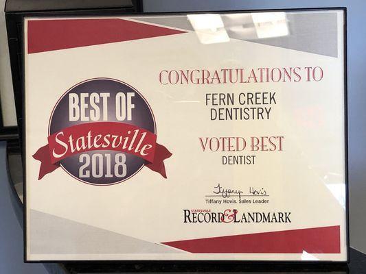 Voted Best Dentist in Statesville 2018!!!