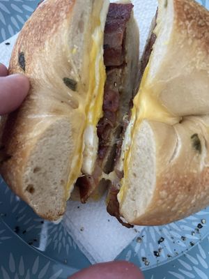 Shake hands with jalapeño cheddar Bacon egg & American.