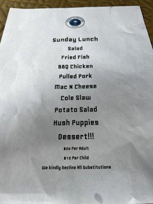 Sunday lunch menu