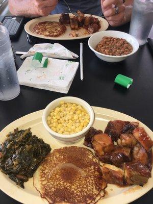 Rib Tips with Greens, corn bread and corn