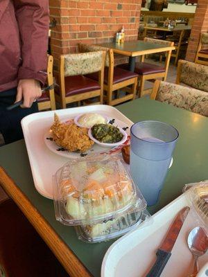 Fruit, Fried Chicken, Creamed Potatoes and Turnip Greens