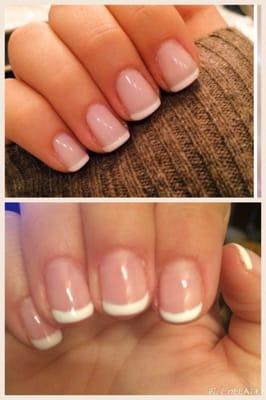 Top pic what I showed them. Perfectly squared, not just clear polish. The bottom pic my nails. Bubbled edges and rounded tips.