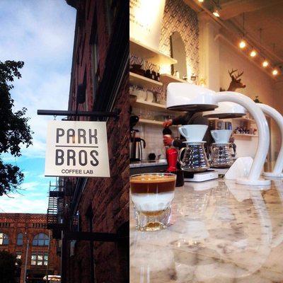 Park Bros Coffee Lab. Outside sign and inside shot with pour over and "undertow"