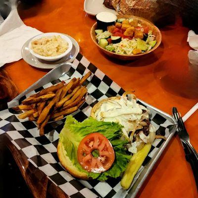 The Bleu Burger, Mamut Homemade Fries and a side of White Cheddar Cheese Macaroni.