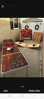 Corn hole, Giant jenga, Giant Connect 4, beer pong table.