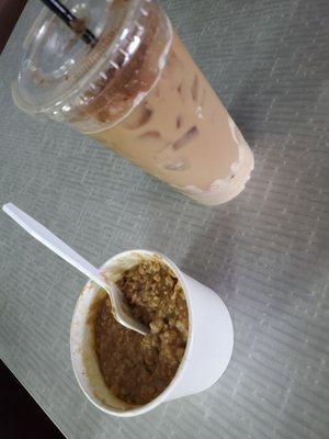 Protein oatmeal and ice coffee